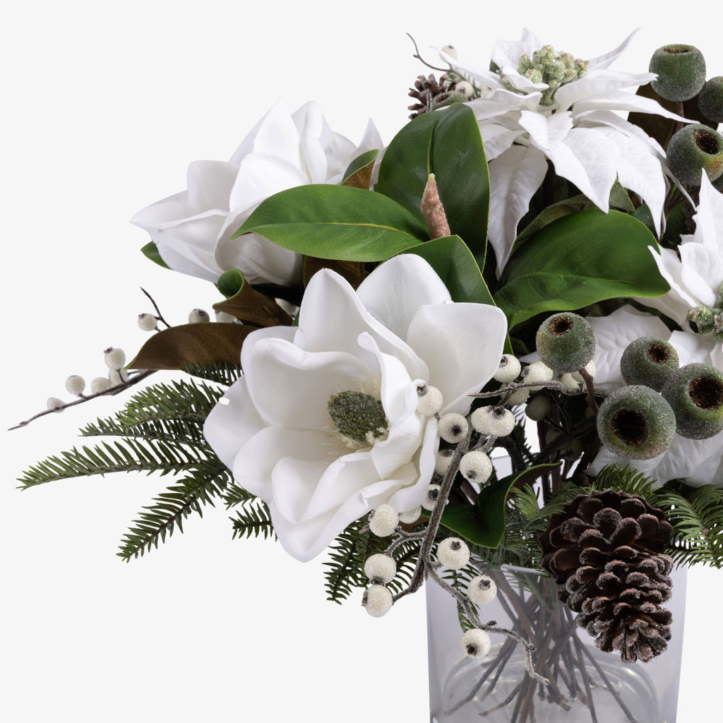 Artificial Magnolia & Poinsettia Arrangement In Glass (White) Close Up