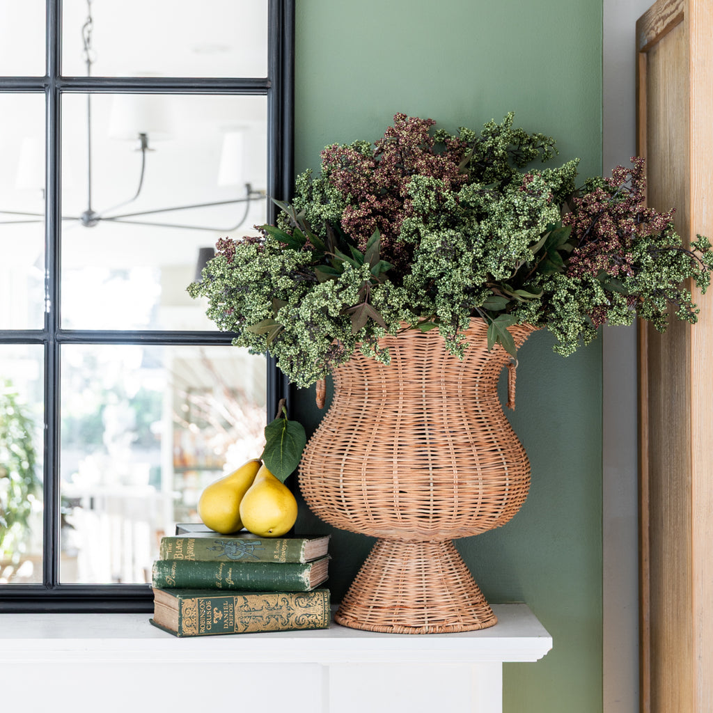 Artificial Pair Of Pears Styled on Mantle with Vase and Florals