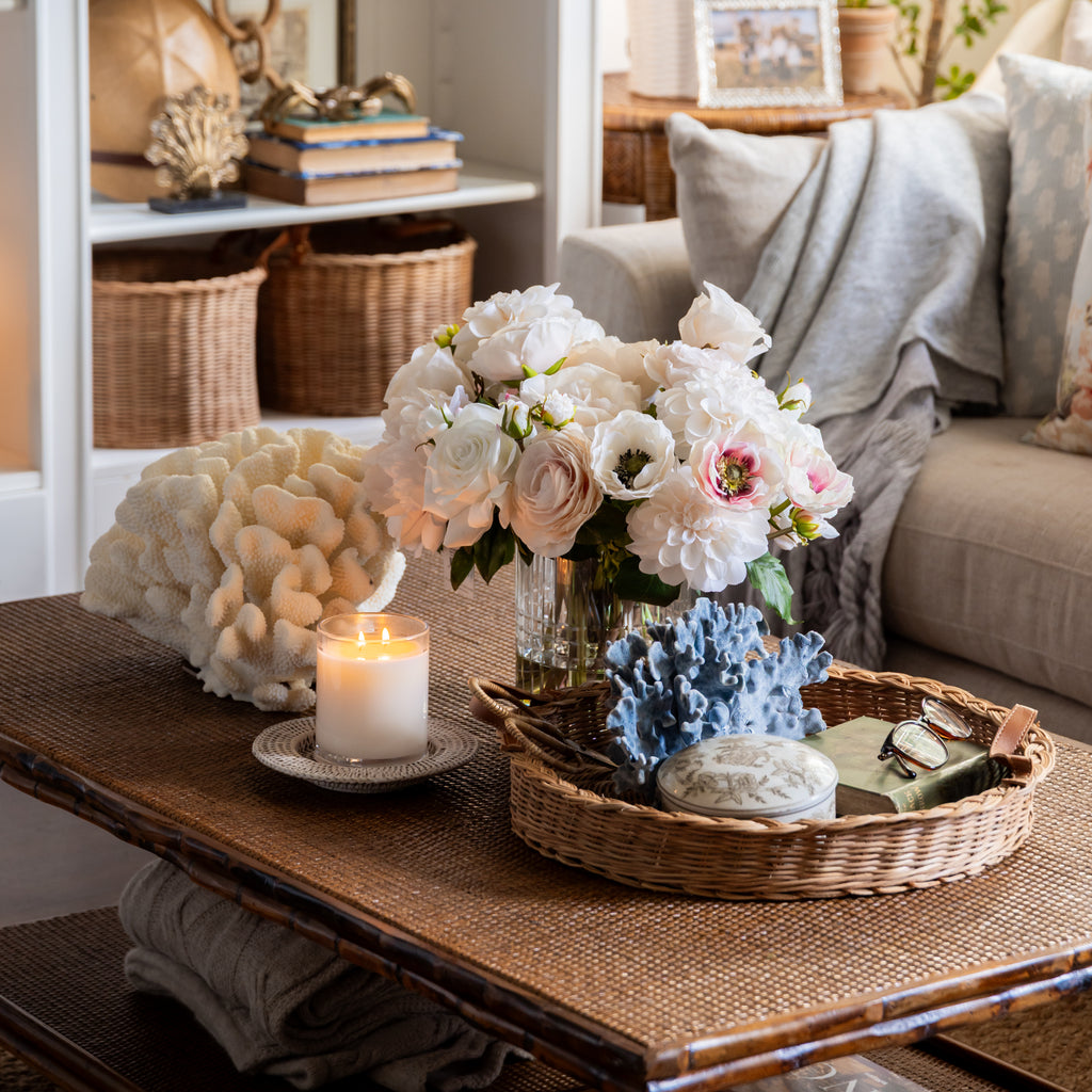 Artificial Rose Dahlia Mix In Glass Vase 38cm Styled on Coffee Table with Coral and Candle