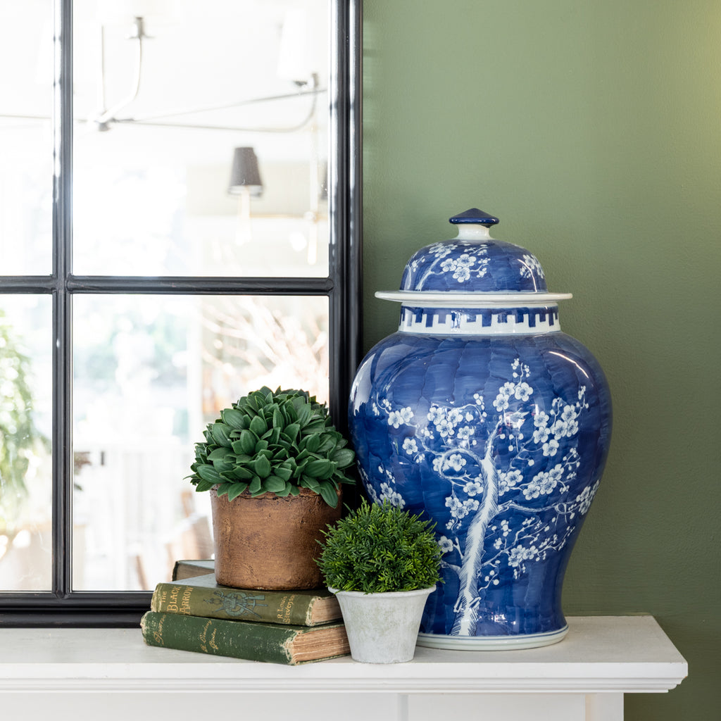 Artificial Tea Leaf Topiary Ball 19cm Styled on Mantle with Vase and Books