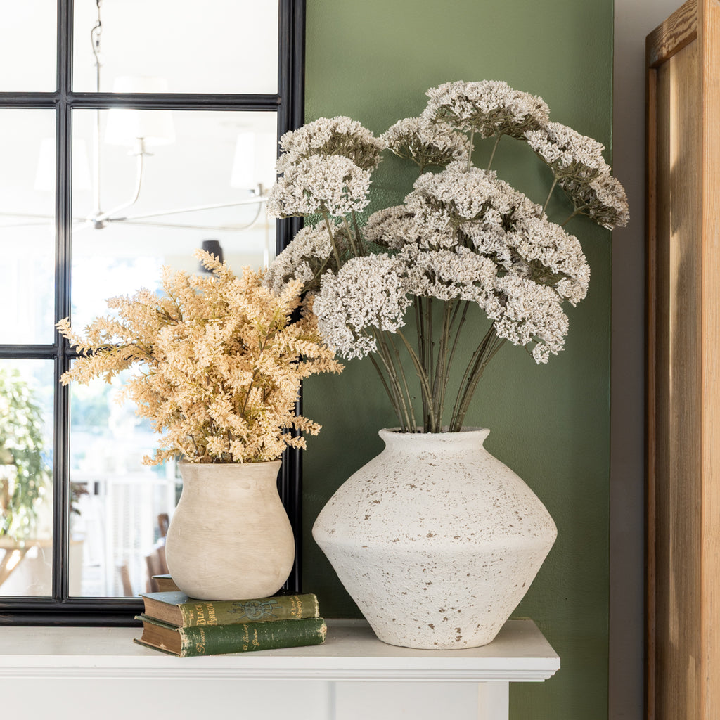 Artificial Whisper Bud Arrangement 41cm Styled on Mantle with Florals and Books