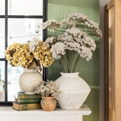 Artificial White Berry Stem in Ceramic Pot 21cm Styled on Mantle with Other Florals and Books