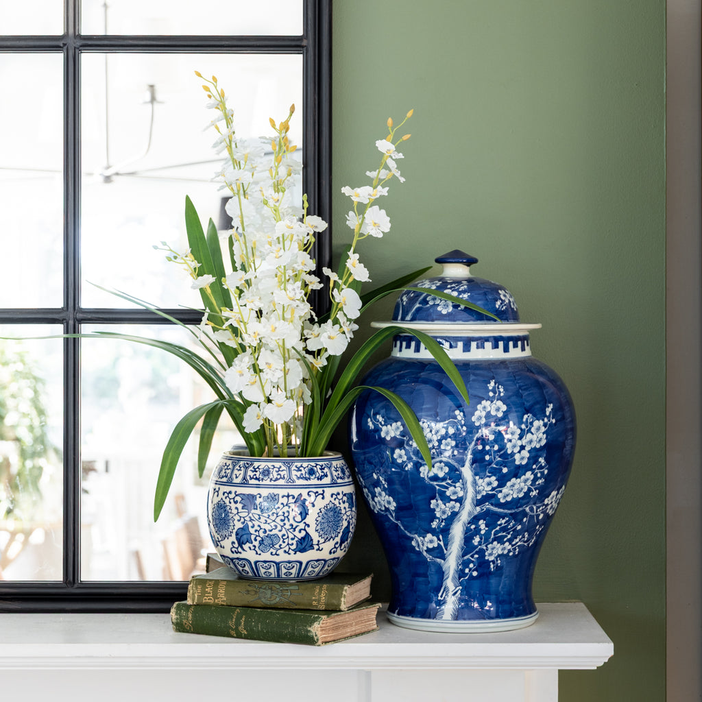 Artificial White Orchid in Pot 56cm Styled on Mantle with Vase and Books