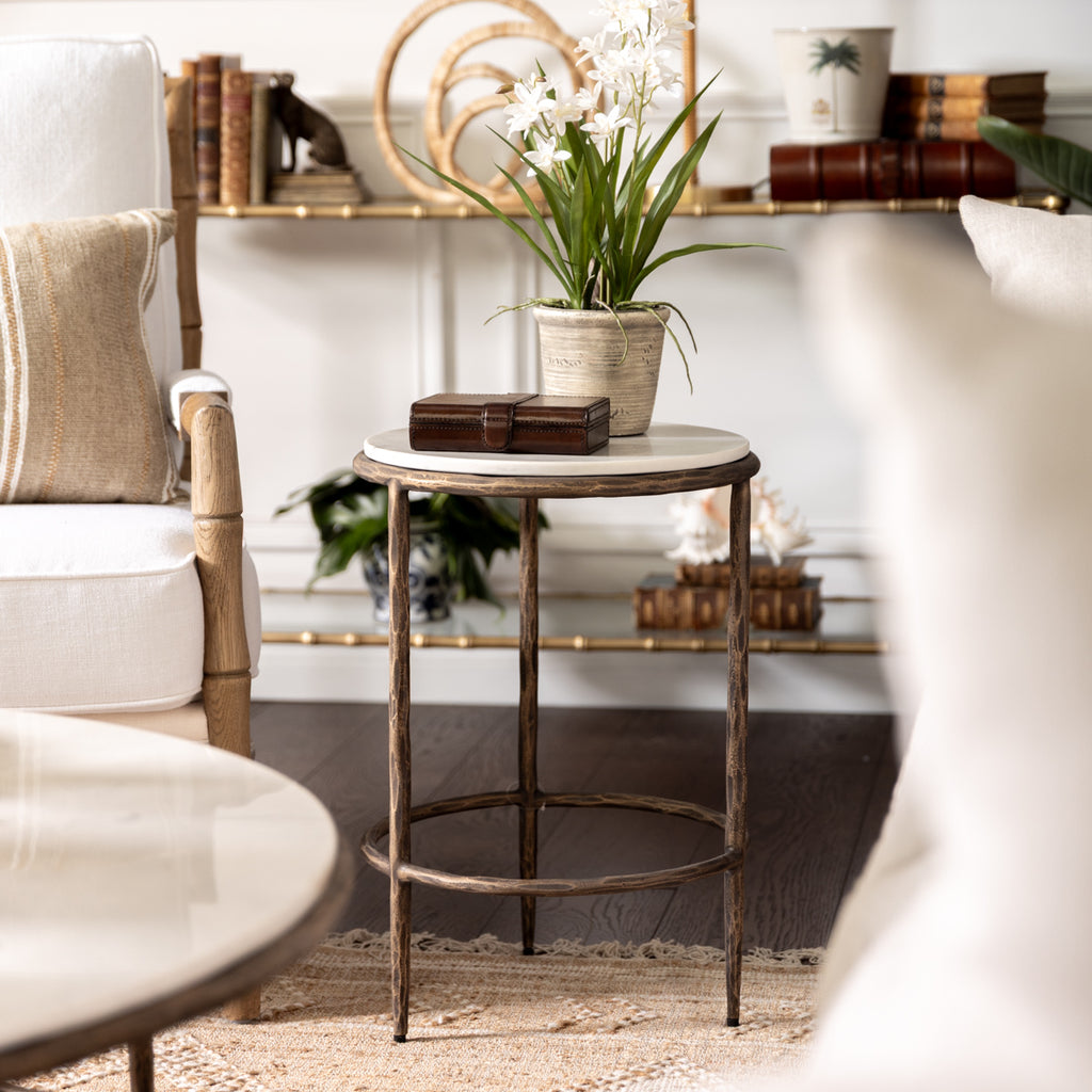 Ashton Marble Round Side Table (Antique Brass) Styled Next to Armchair with Plant