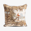 Decorative pillow with a nature-themed design featuring a person fishing.