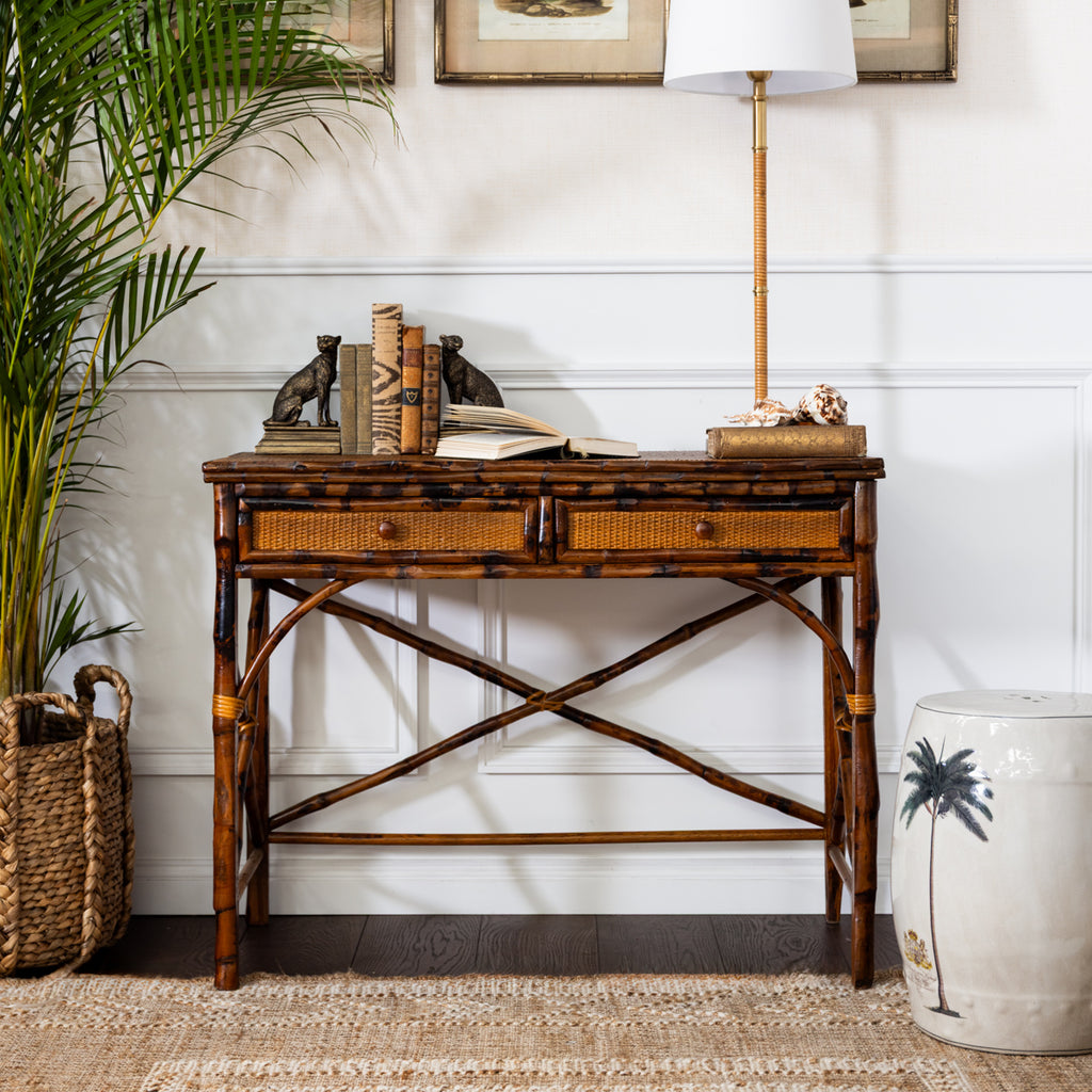 Bamboo Desk With Two Drawers Styled in Hallway with Island Decor