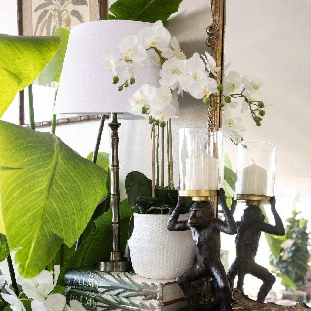Bamboo Lamp Antique Brass Styled On Mantle