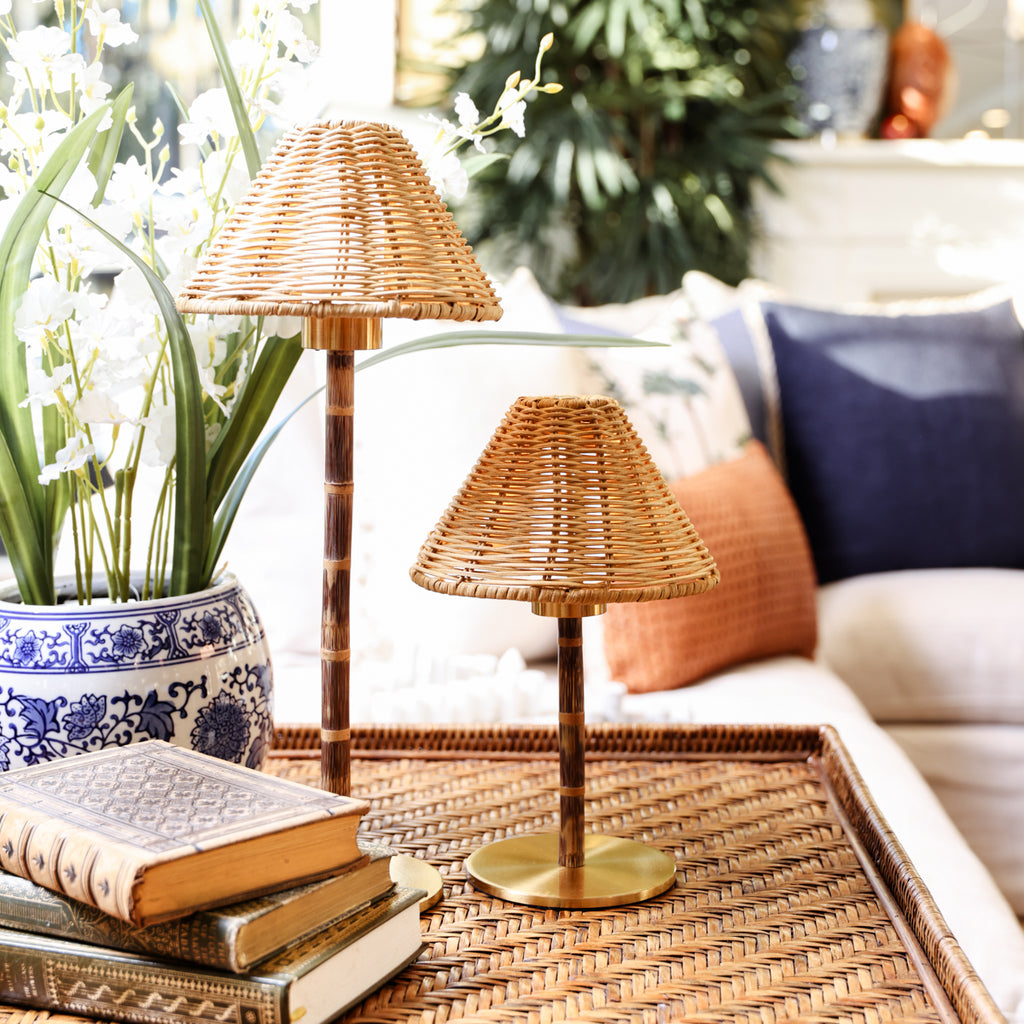 Bamboo & Rattan Shade Cordless Touch Lamps Styled On Ratan Table