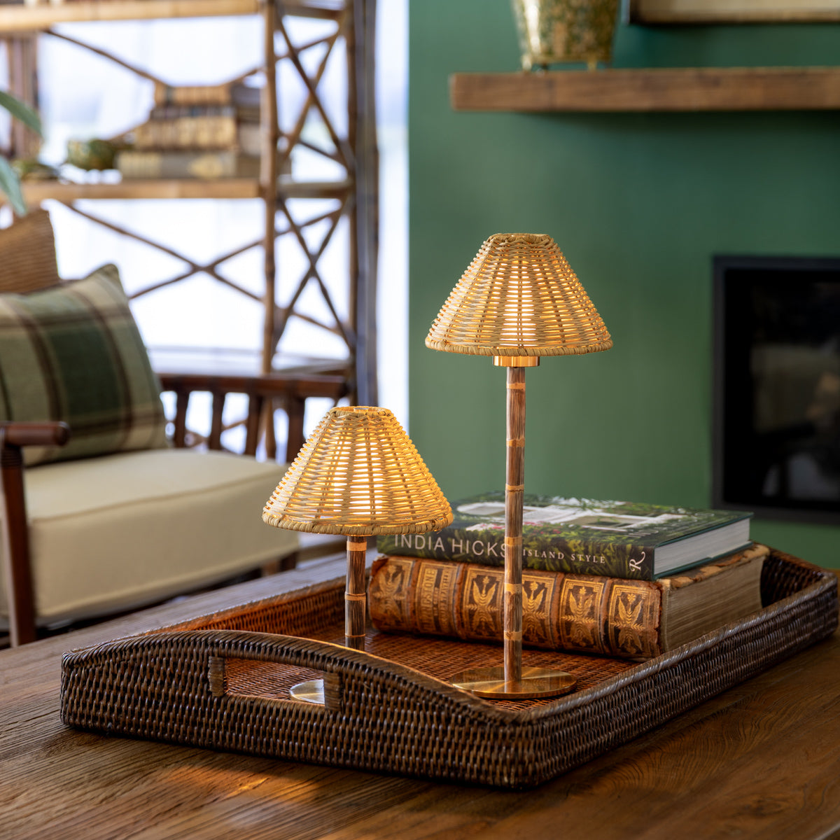 Bamboo Cordless Table Lamp Rattan Shade Rechargeable Touch Lamp