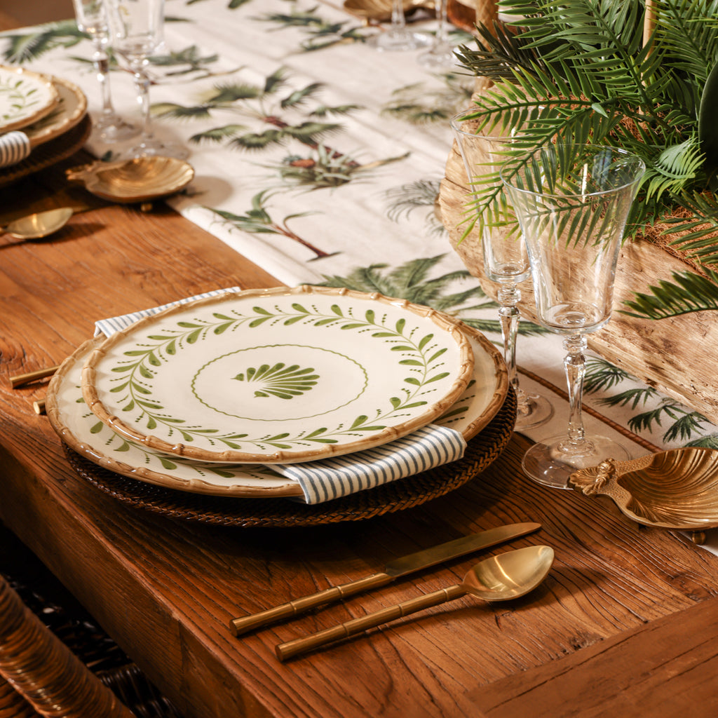 Bamboo Shell Dinnerware Styled Charger on Island Table Detailed