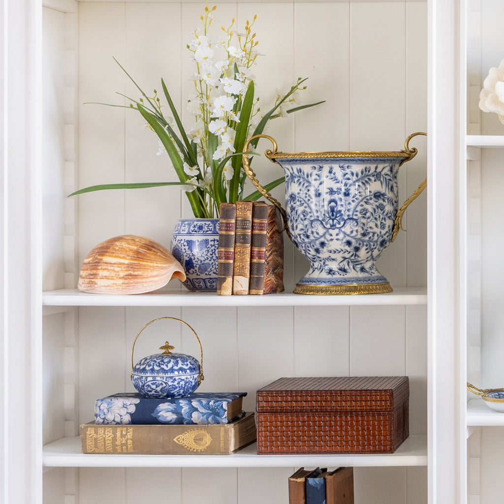 Barclay Basket With Brass Handle Styled on Bookcase