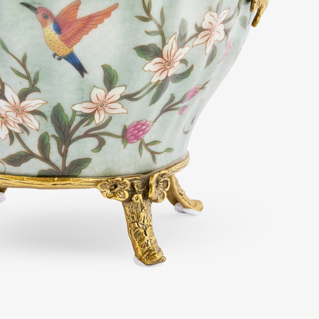 Barclay Celadon Bowl With Bird Handle Close Up of Legs