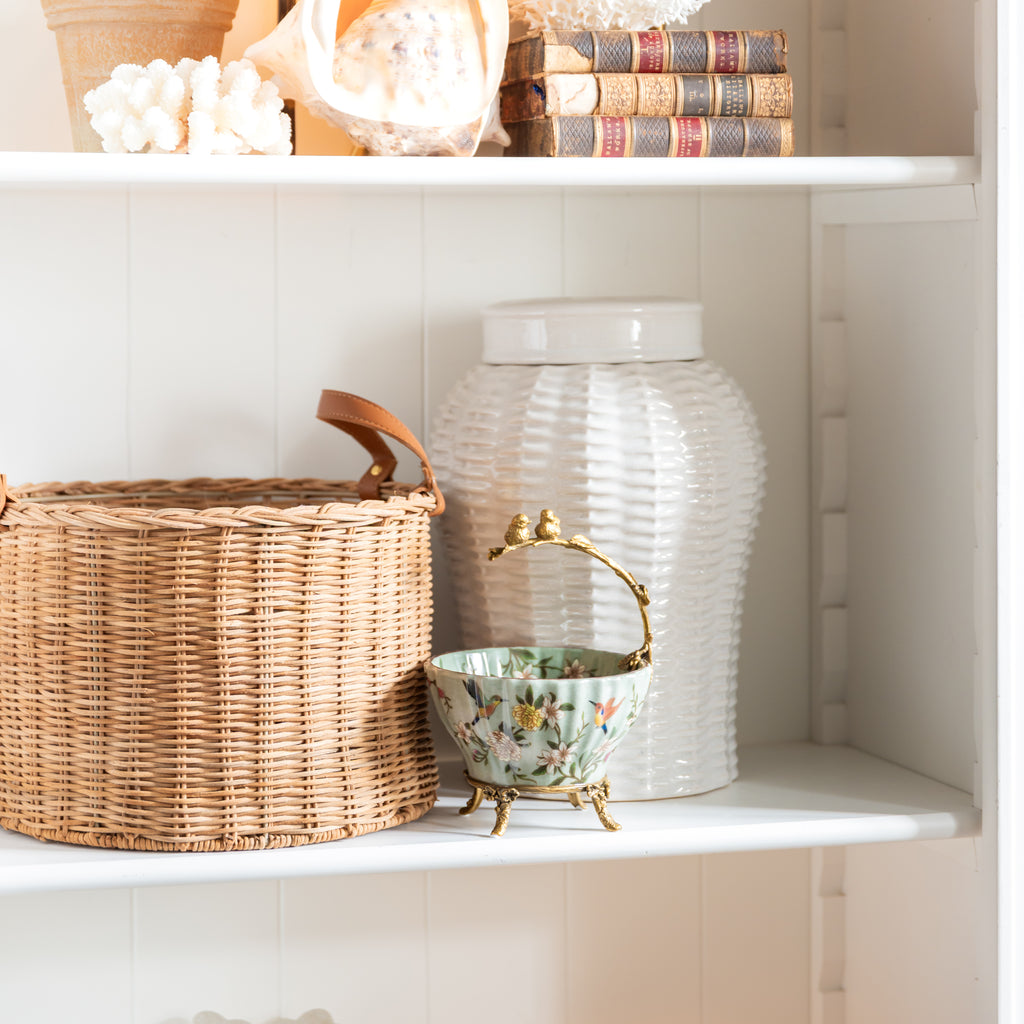 Barclay Celadon Bowl With Bird Handle Styled on Bookcase with Ceramic Pot and Rattan Basket
