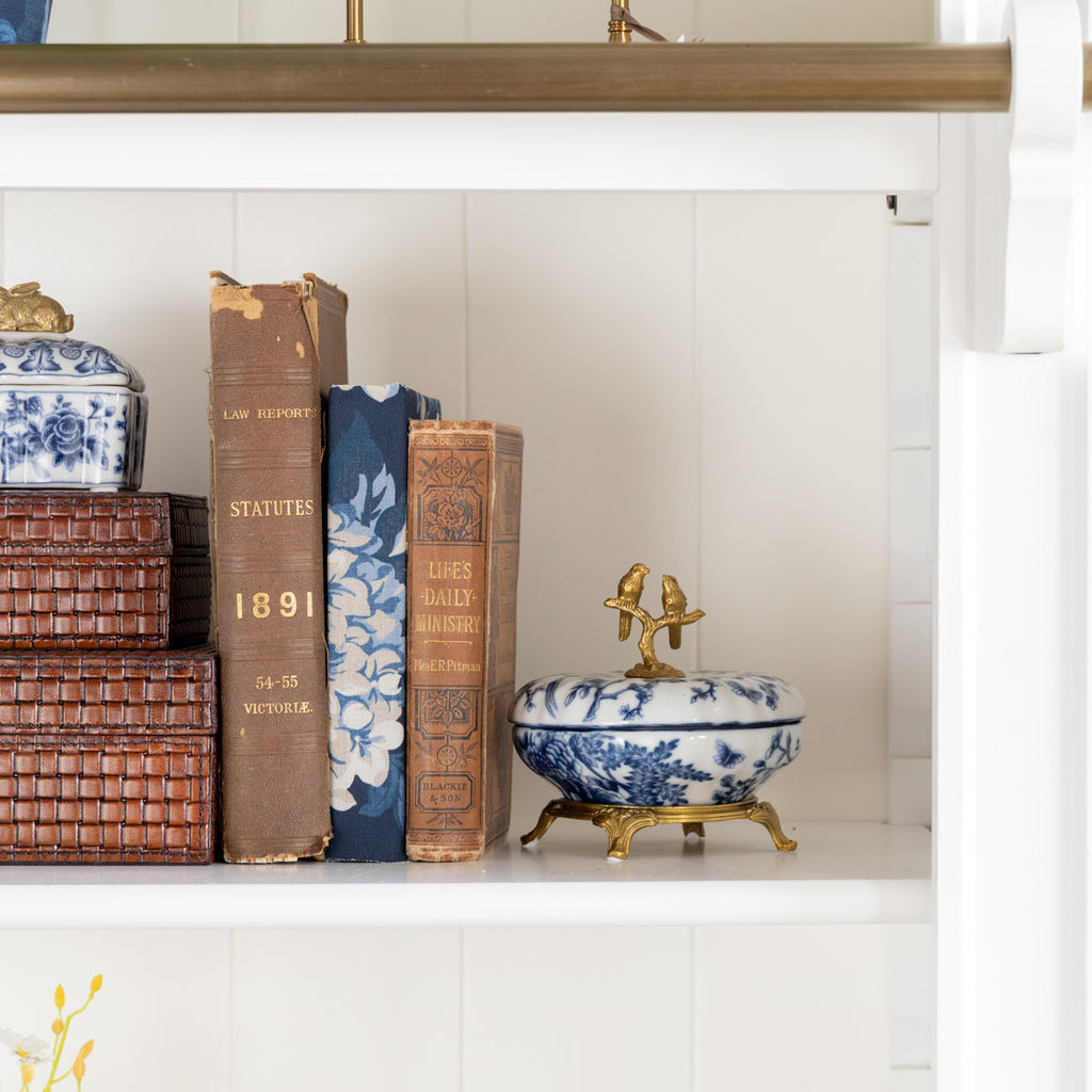 Barclay Dish With Bird Lid Styled on Bookcase with Books