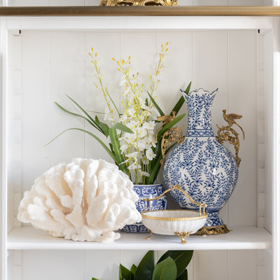 Barclay Vase With Phoenix Handles 42cm Styled in bookcase with Coral and Barclay Pieces