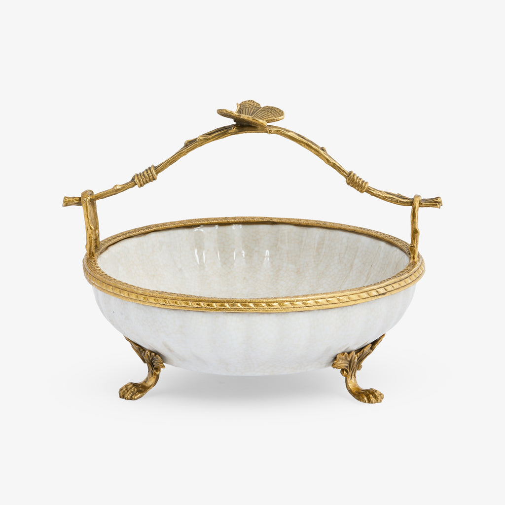 Barclay White Crackle Dish With Butterfly Handle Front View