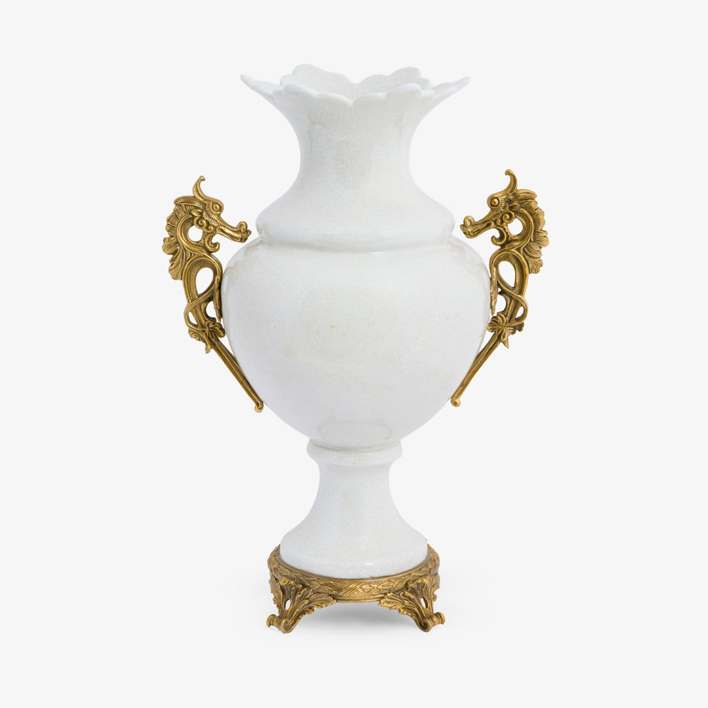 Barclay White Crackle Vase With Seahorse Handles Front View