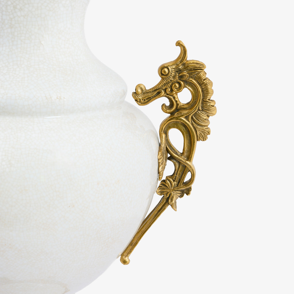 Barclay White Crackle Vase With Seahorse Handles Close up of Handle