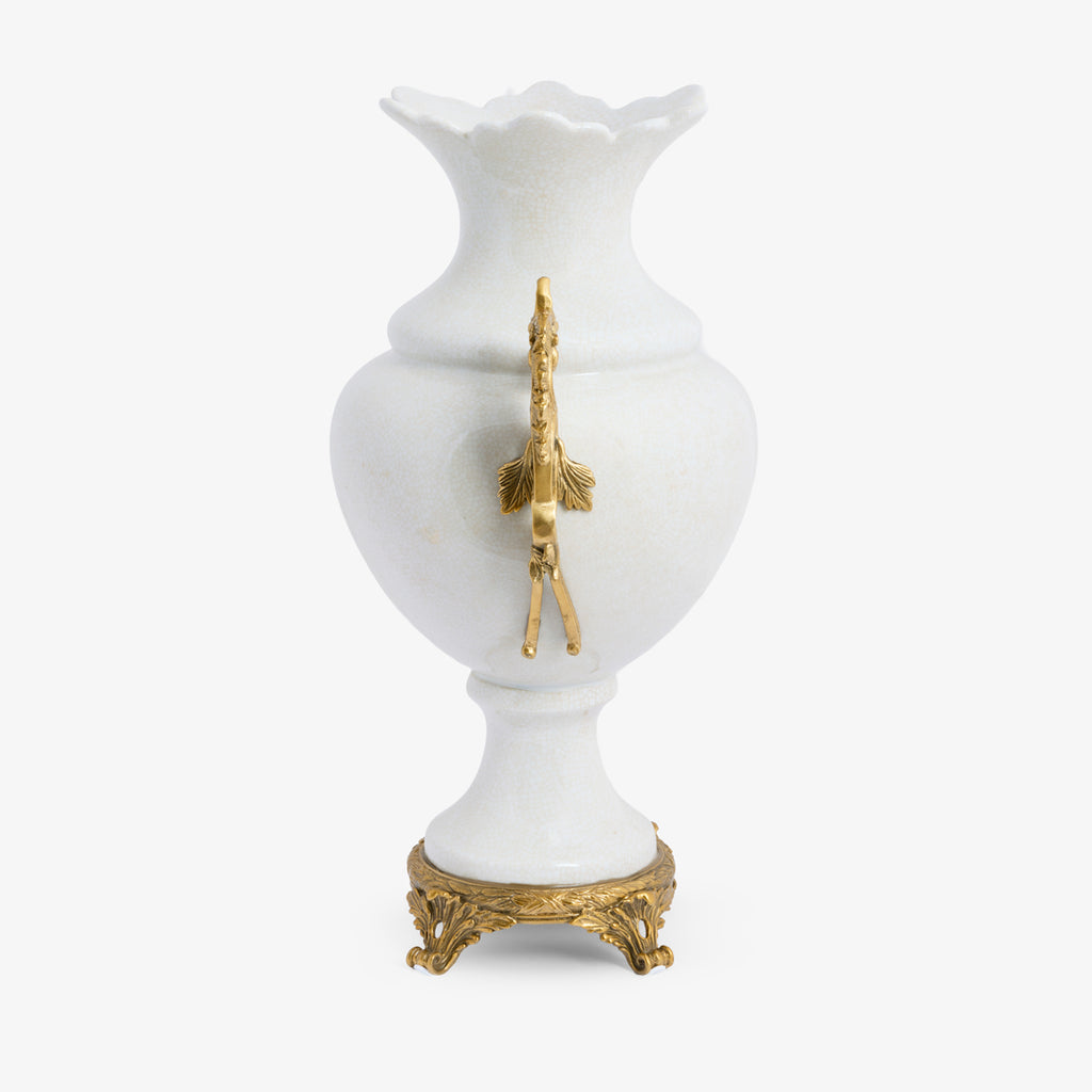 Barclay White Crackle Vase With Seahorse Handles Side View