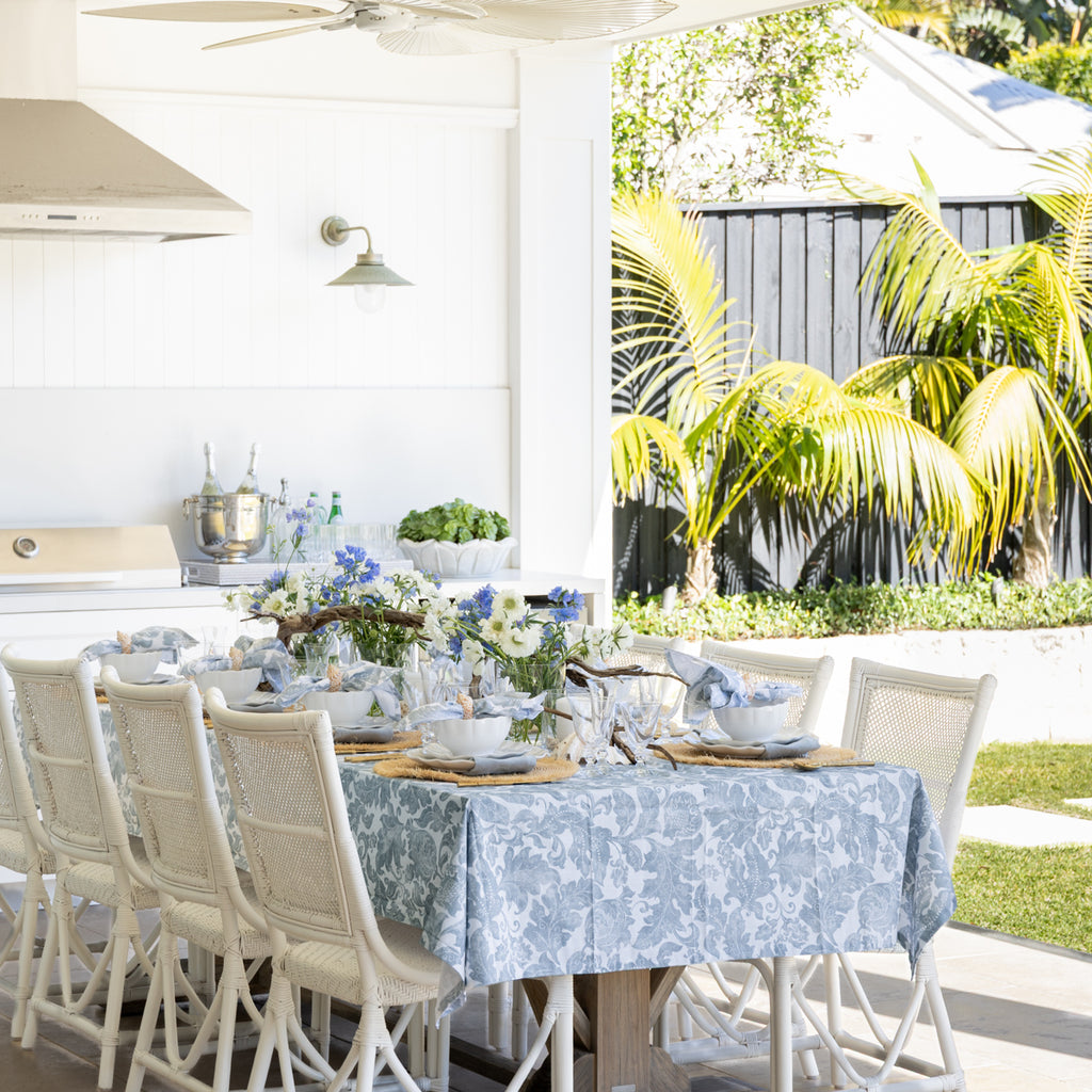 Batik Tablecloths (Marine) Styled in Outdoor Dining Setup