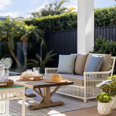 Grey Bermuda Lounge Styled with Cushions Outdoor with Hampton Outdoor Teak Coffee Table