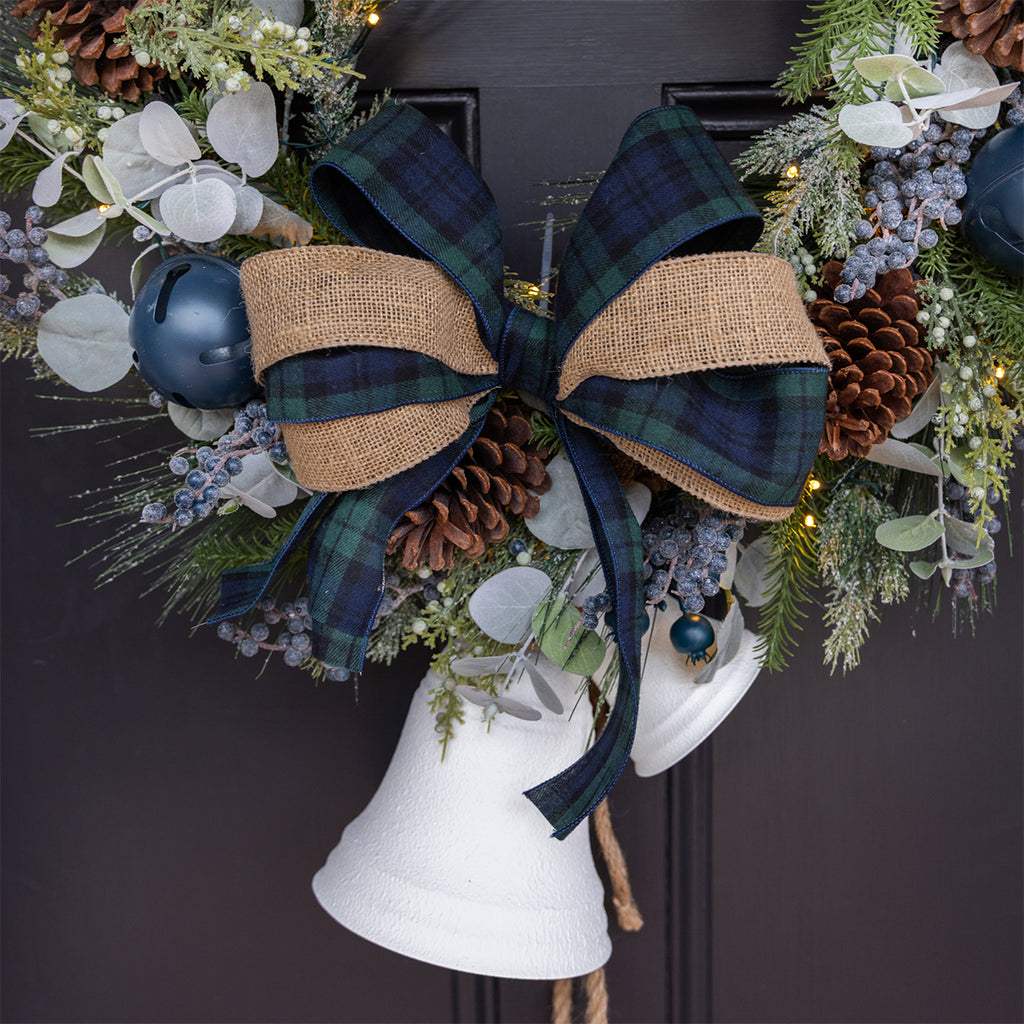 Ribbon on wreath hanging on a door.