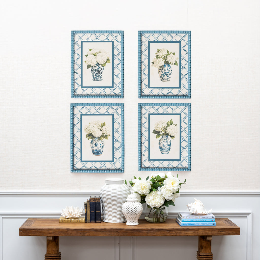 Blue Hydrangea In Navy Vase (Print A) Styled over Console with Blue Decor