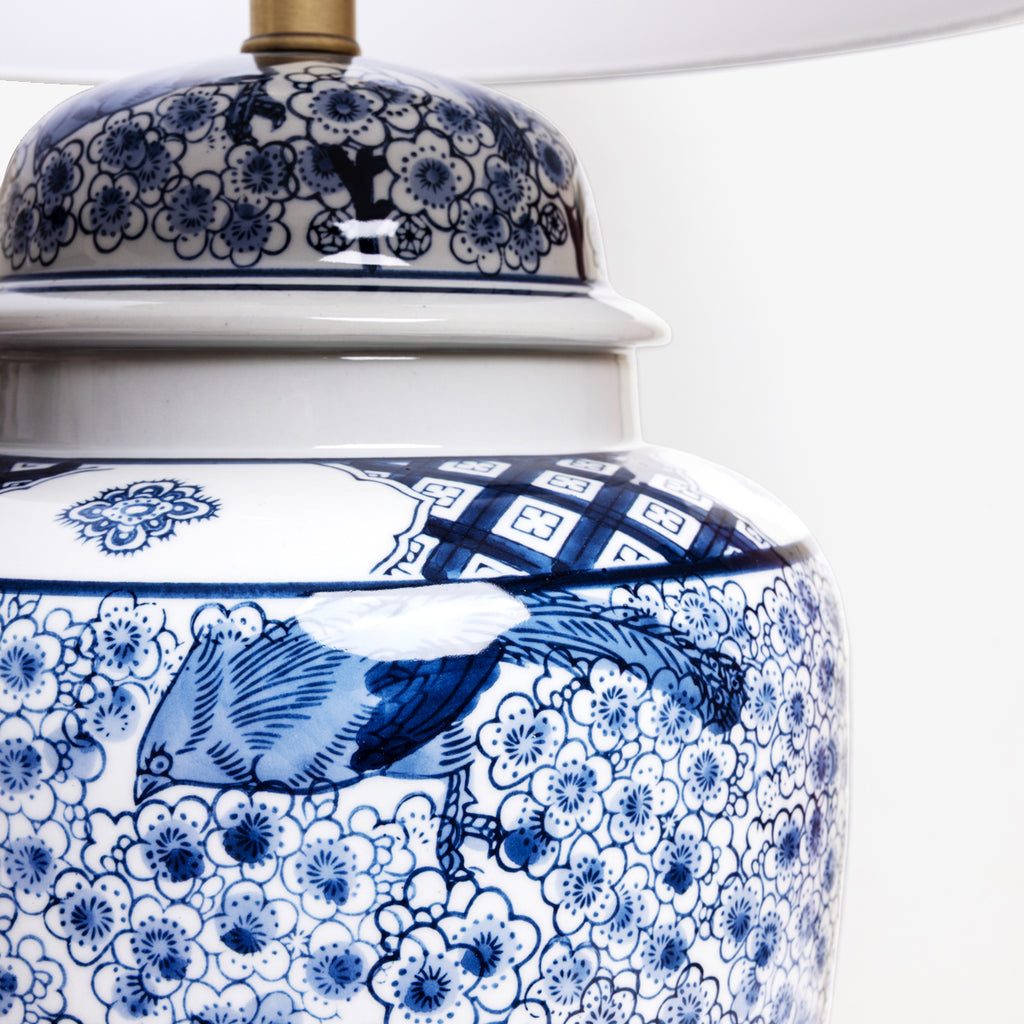 Blue & White Ceramic Lamp with Shade Close Up Of Base