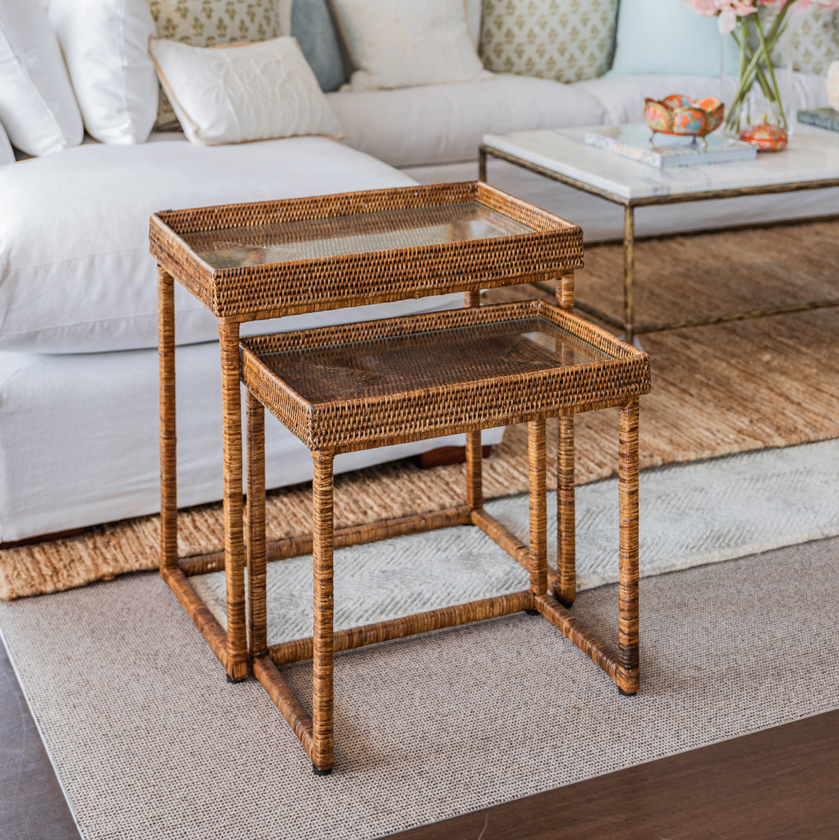 Small Rectangular Rattan Nesting Table Rattan Nesting Side Tables (Set of 2, Brown) | Accent & Side Tables