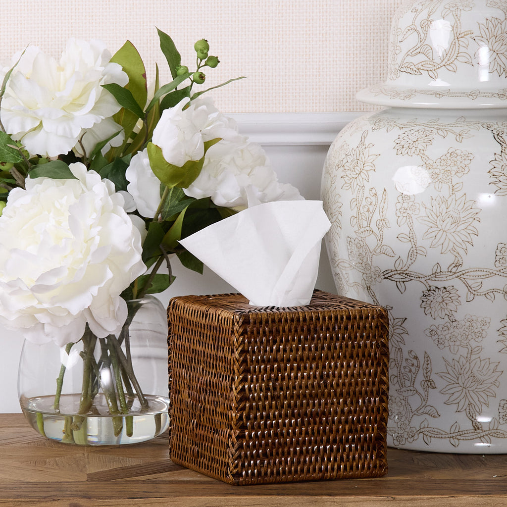 Rattan Tissue Box Cover Brown Square Styled