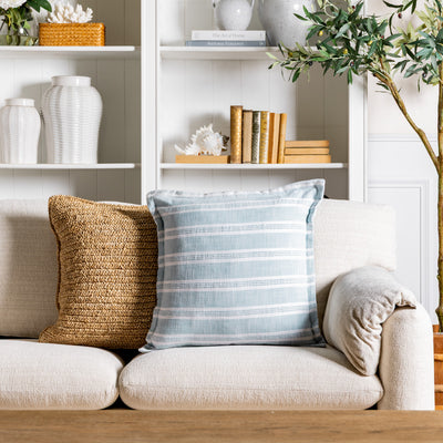 Rhodes Stripe Cushion Cover (Light Blue) Styled on Sofa