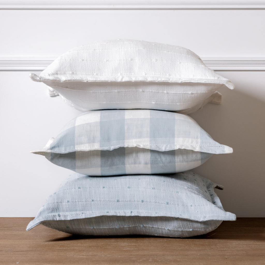 Xanthi Cushion Cover (Light Blue) Styled Stacked on Table