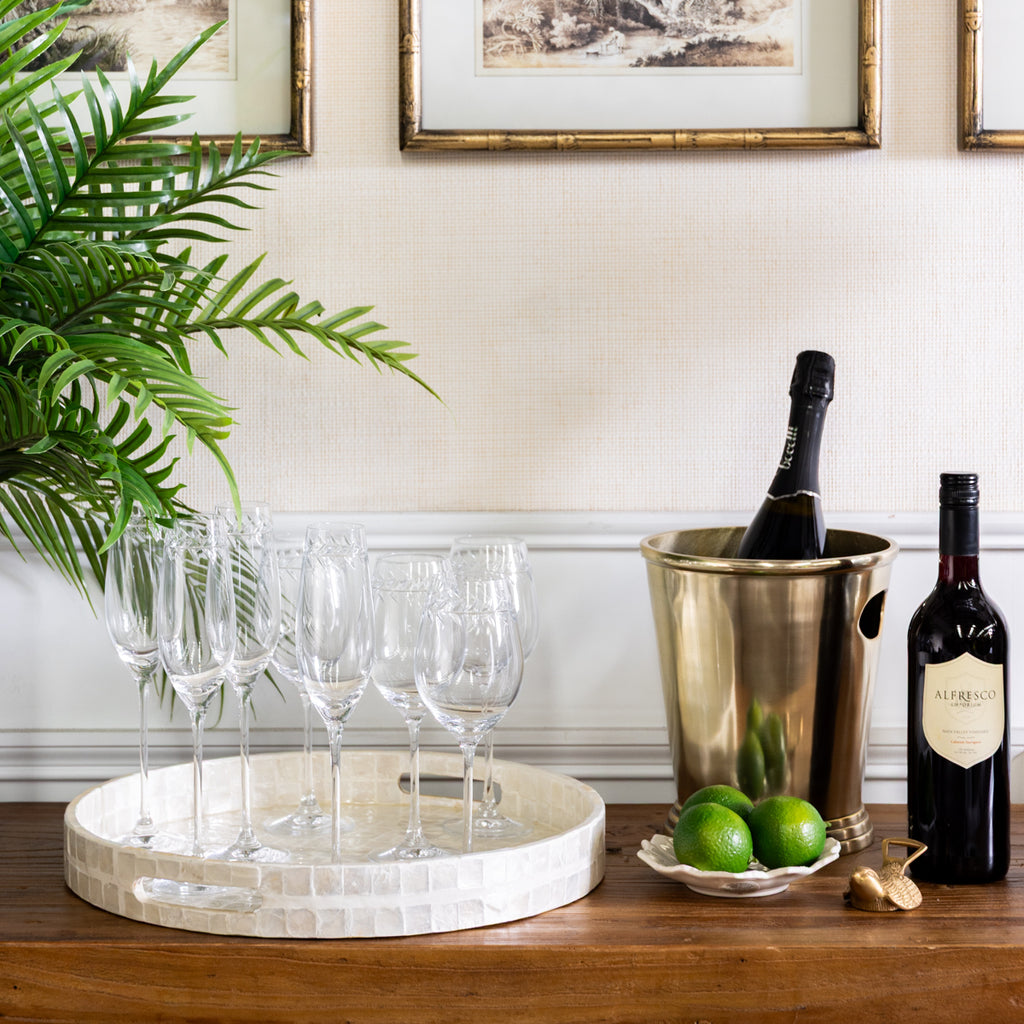 Capiz Shell Inlay Round Trays Styled on Bar with Barware
