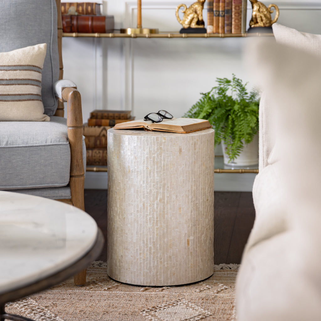 Capiz Shell Inlay Side Table Stool Styled in Living Room
