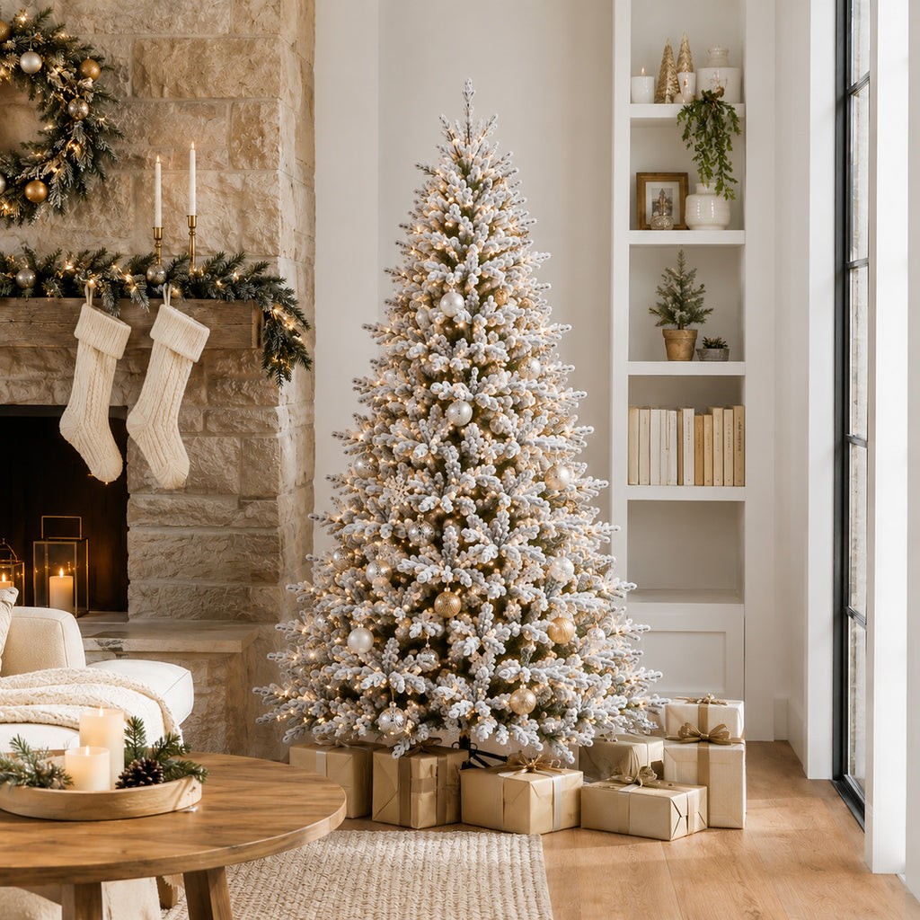 Cardrona Pre-Lit Snow Christmas Trees Styled In Living Room