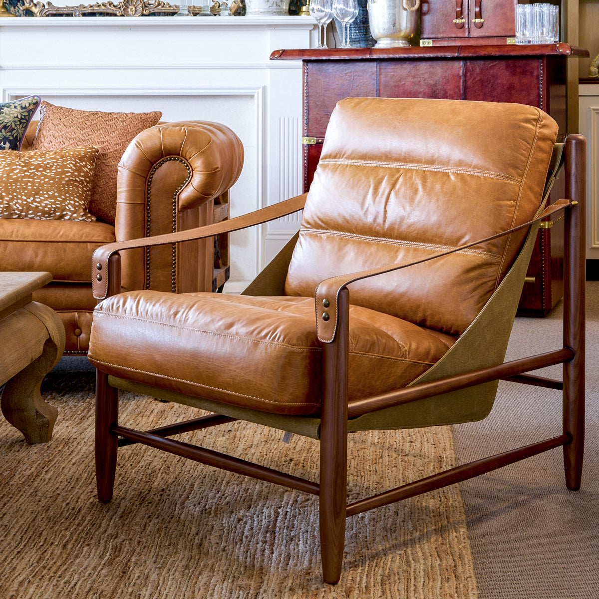 Cassia Leather Slingback Armchair (Tan) Mid-Century Armchairs