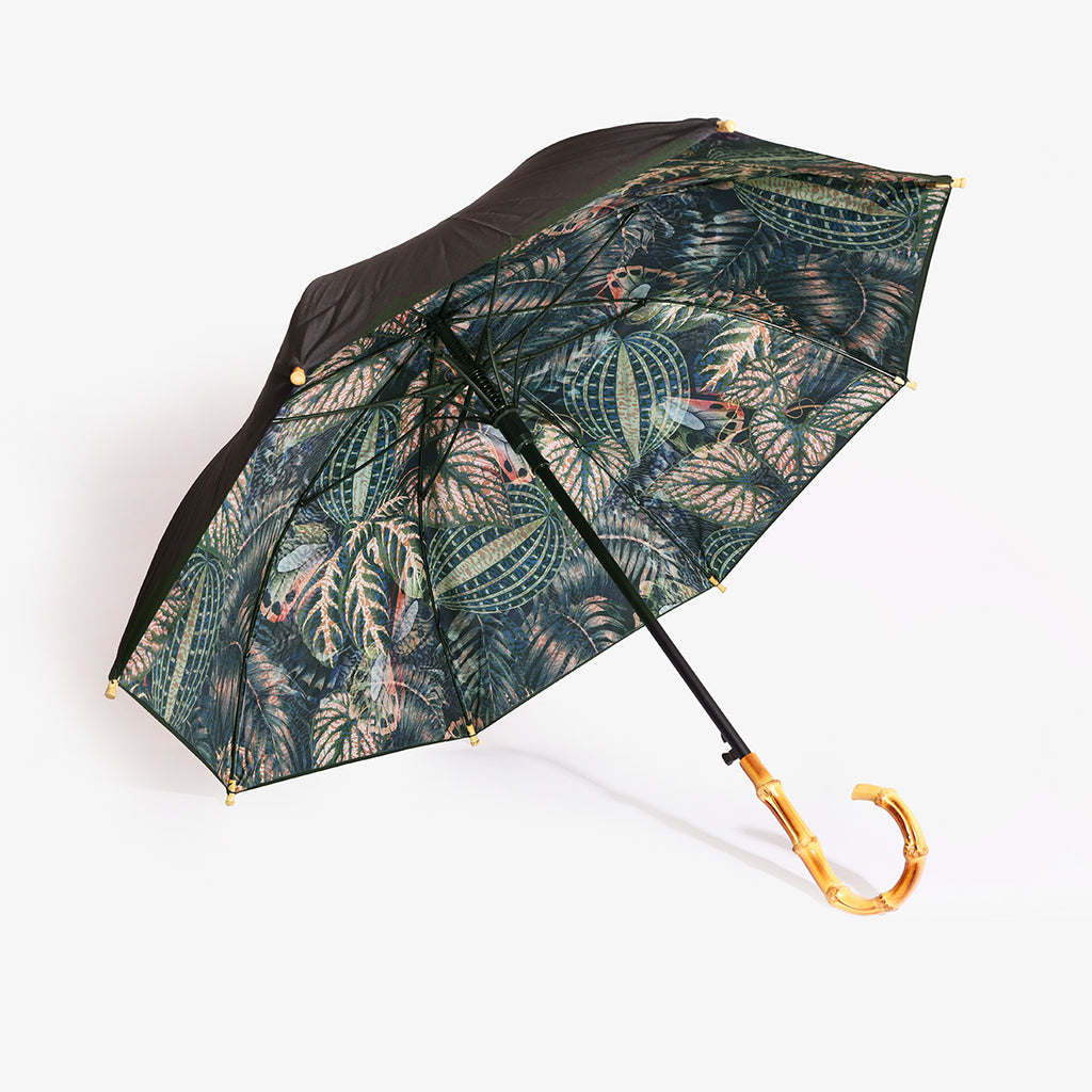 Charcoal Rainforest Print Umbrella with bamboo Handle