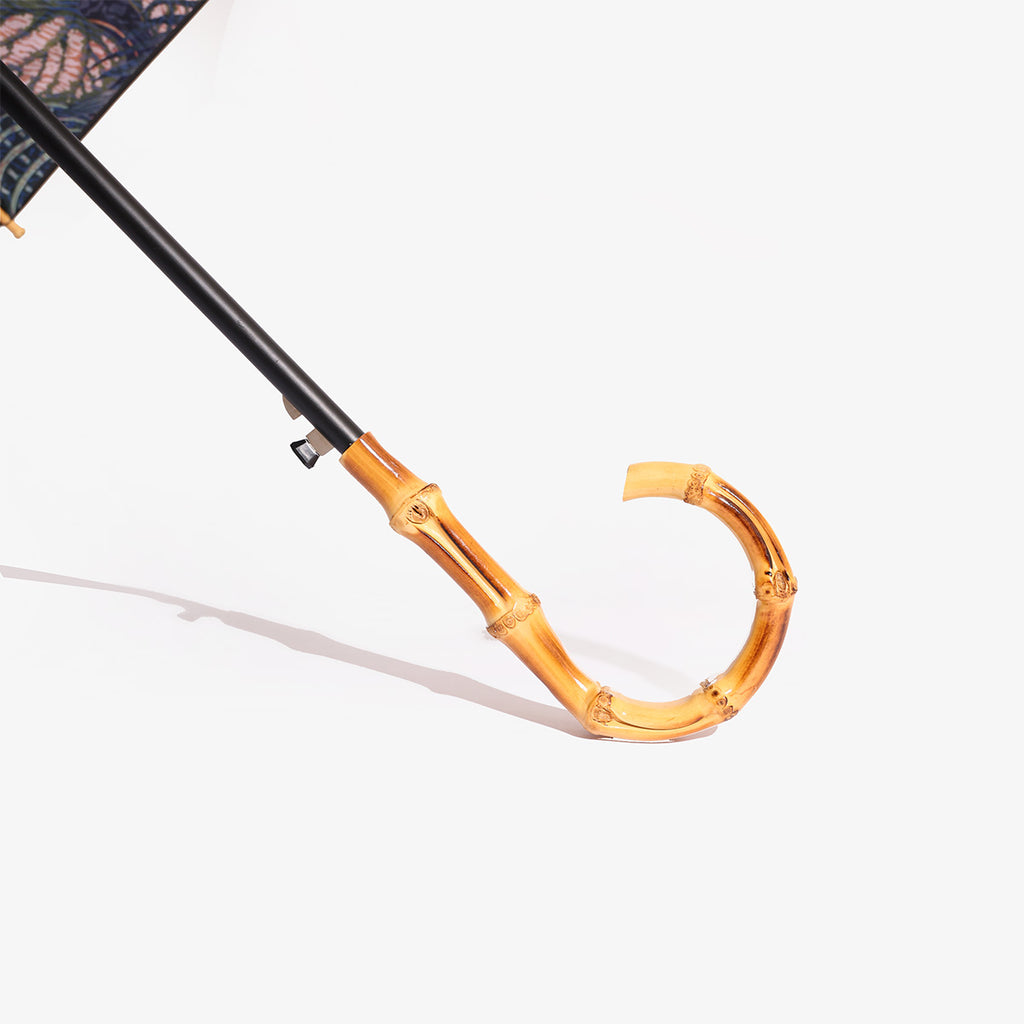 Charcoal Rainforest Print Umbrella with bamboo Handle Detail