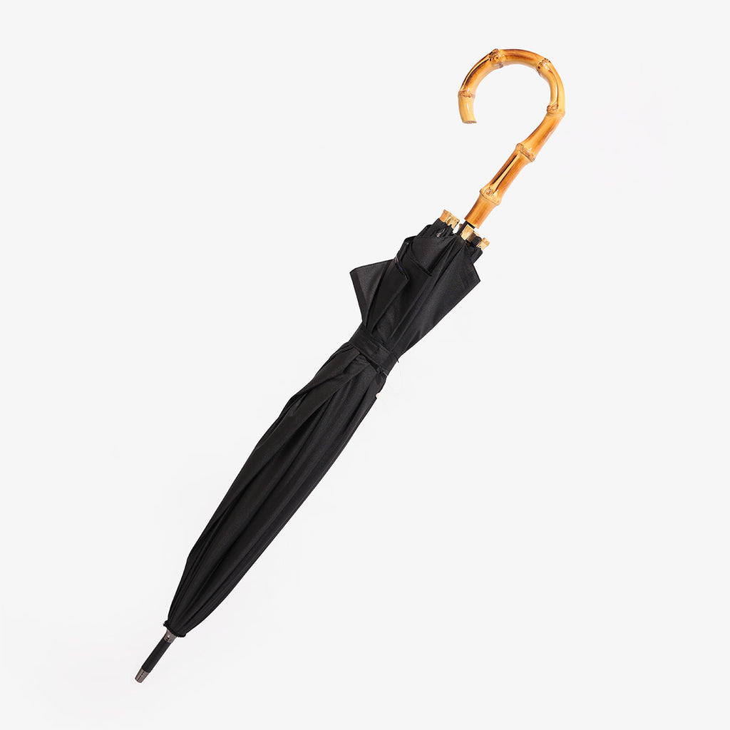 Charcoal Rainforest Print Umbrella with bamboo Handle Closed Detail