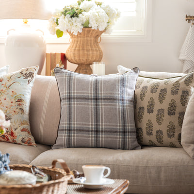 Check Cushion Cover Light Brown Styled on Sofa