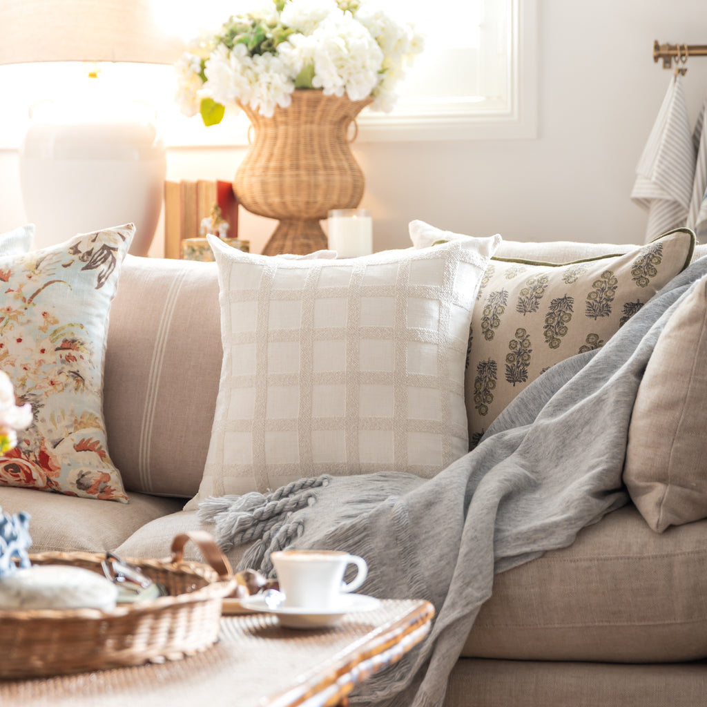 Check Linen Blend Cushion Cover Cream Styled on Sofa 