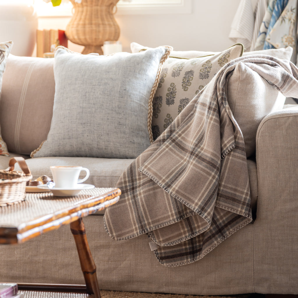 Check Throw Light Brown Styled on Sofa 