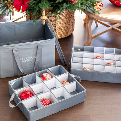 Christmas Ornaments Storage Bag Styled in Front of Christmas Tree 