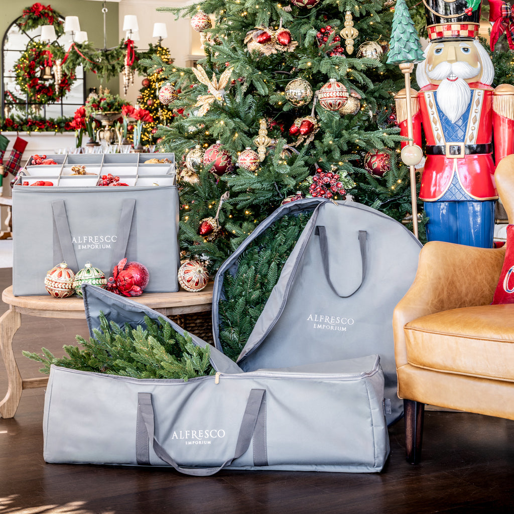 Christmas Ornaments Storage Bag Styled in Front of Christmas Tree