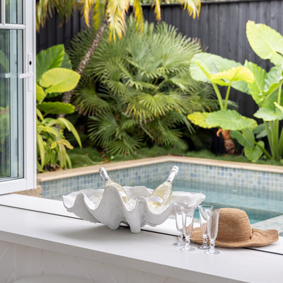 Clam Shell (White 68cm) Styled on Counter with Champagne