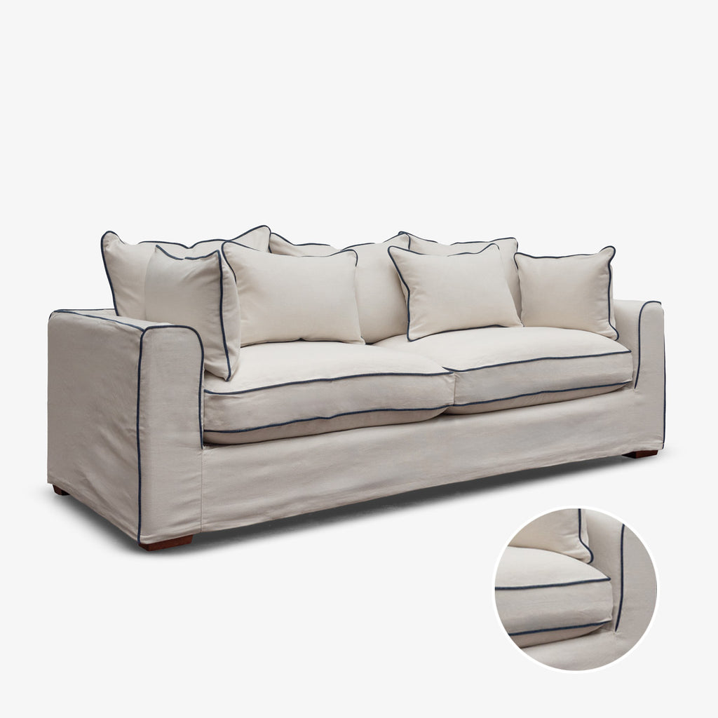 Slipcover: Clara Two Seater Lounge (Off White & Navy Piping) Front