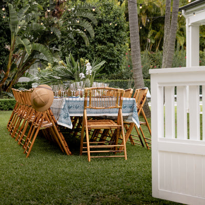 Coastal Palm Tablecloths Styled on Island Dining Table