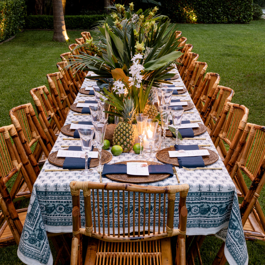 Coastal Palm Tablecloths Styled on Island Dining Table