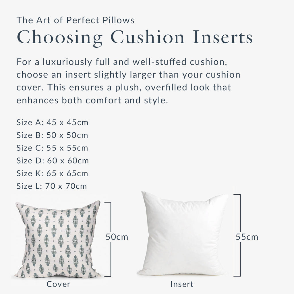 Information on choosing cushion inserts with dimensions of cover and insert, and an example of a cover and insert.