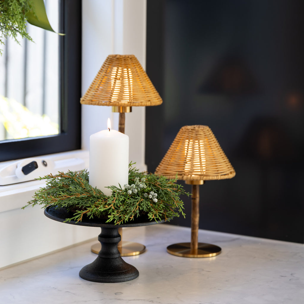 Cyprus Candle Ring 30cm Styled on Cake Stand with Lamps and Candle